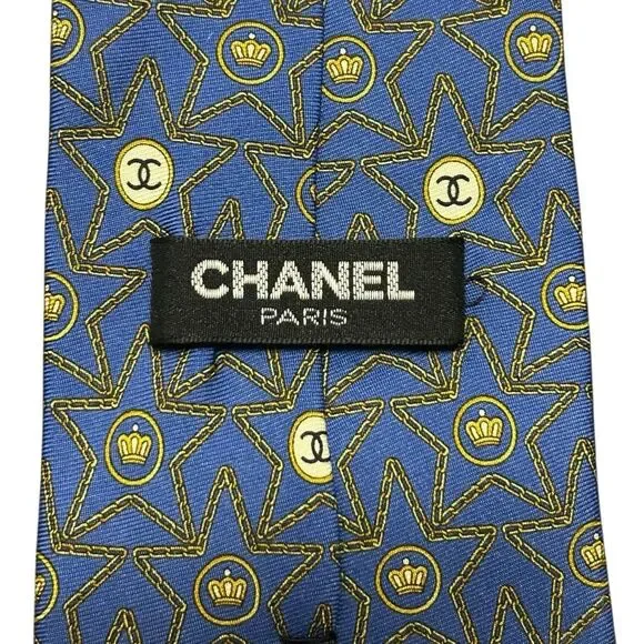 CHANEL Mens Navy Blue Silk Designer Neck Tie Adjustable Star Pattern Logo